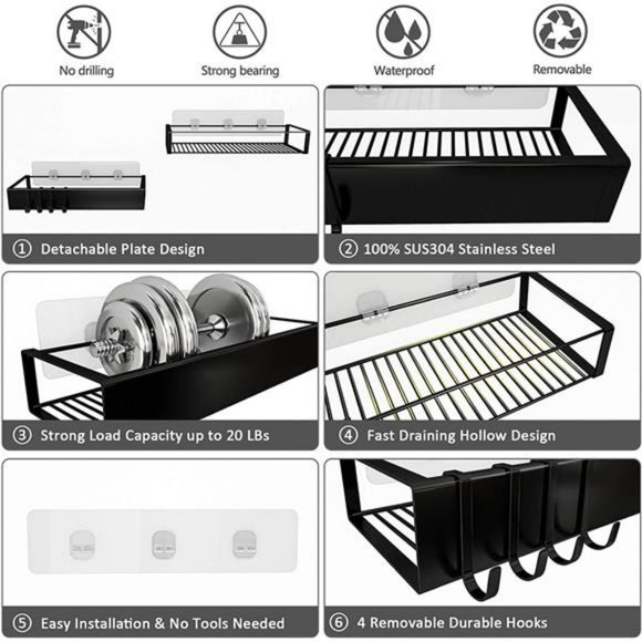 Shower Caddy, Self Adhesive Shower Shelves With Hooks - 2 Pack Black - Picture 2 of 6